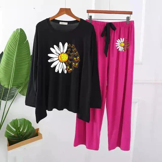 BLACK DAISY FLOWER PRINTED LOUNGEWEAR