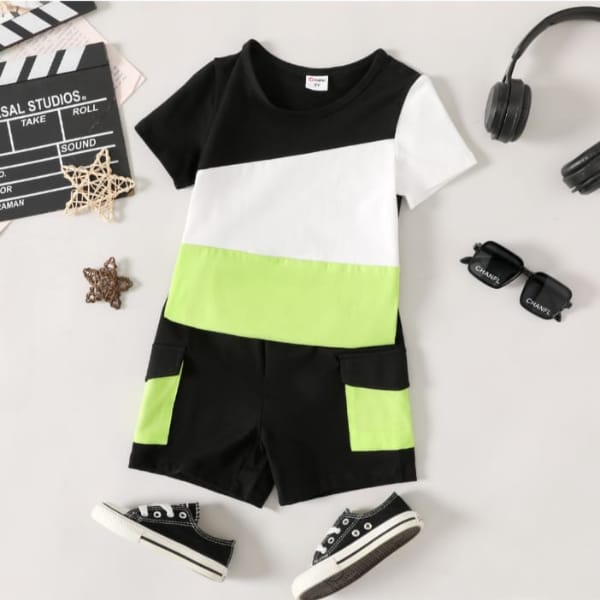 BLACK LIGHT GREEN AND WHITE PANEL T-SHIRT SHORTS SET