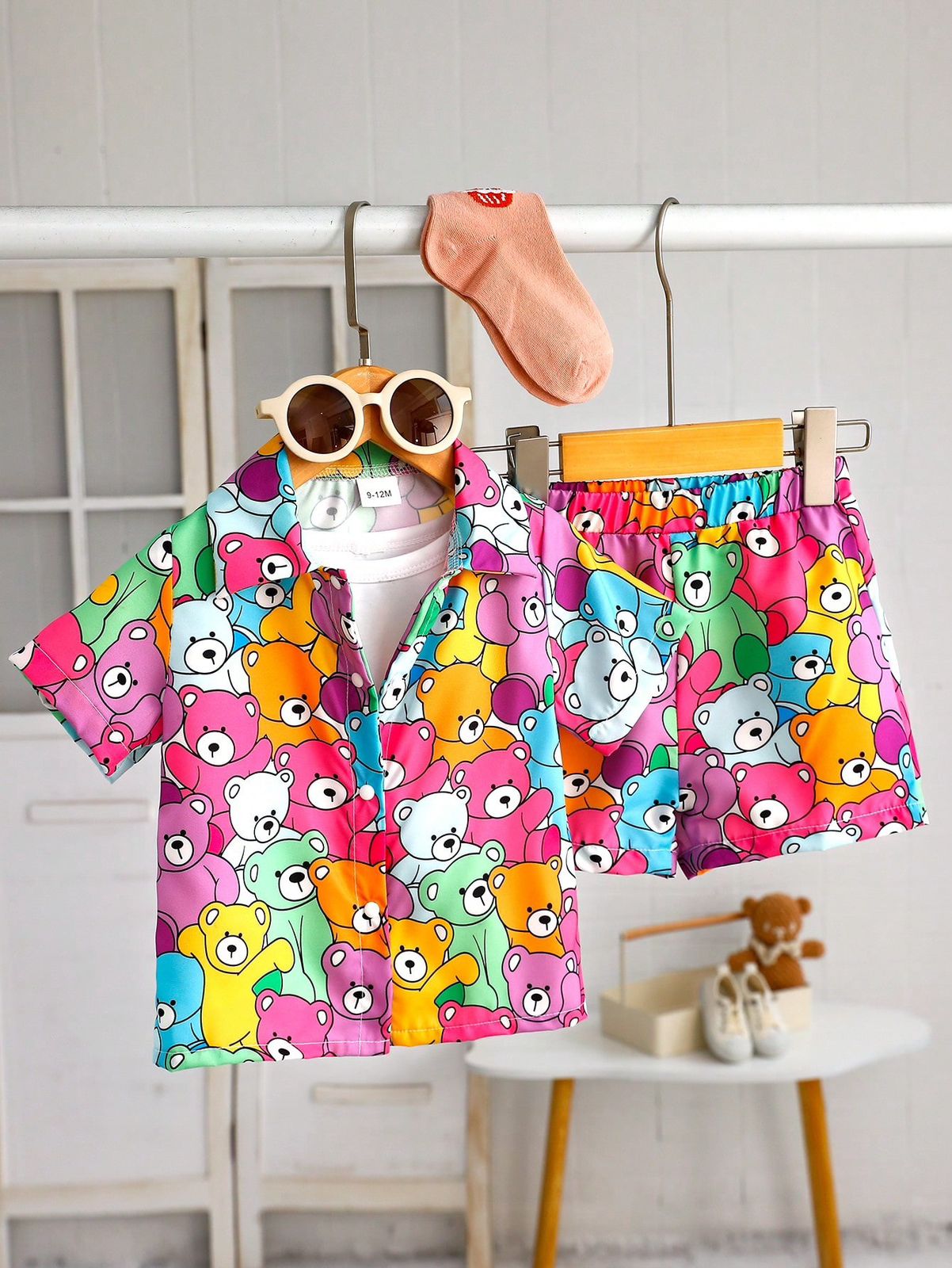 BABY/BOY SUMMER TEDDY BEAR PRINTED SILK SHIRT AND SHORT - #SS512